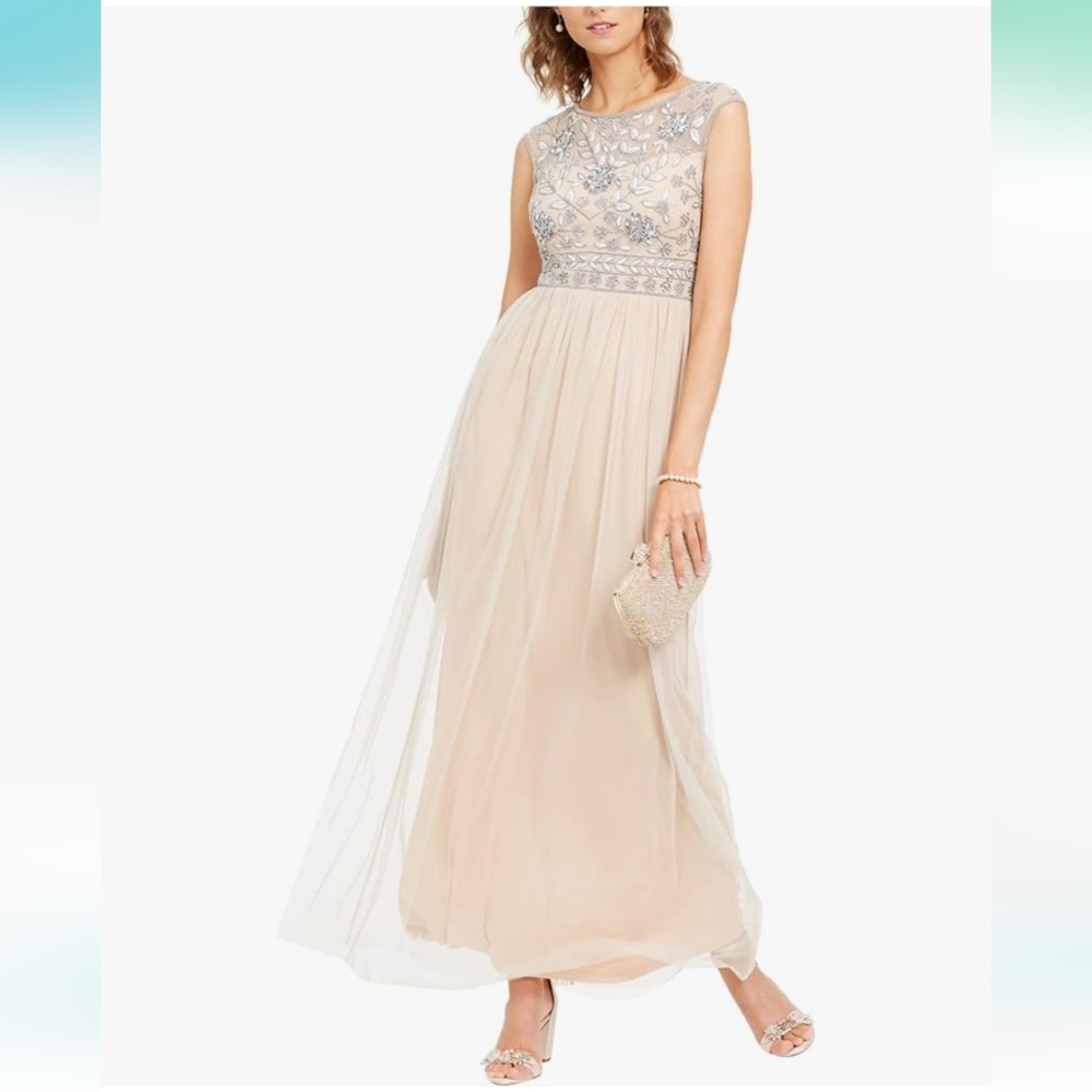 Adrianna Papell Women's Embellished Mesh Gown (14, Silver Nude)